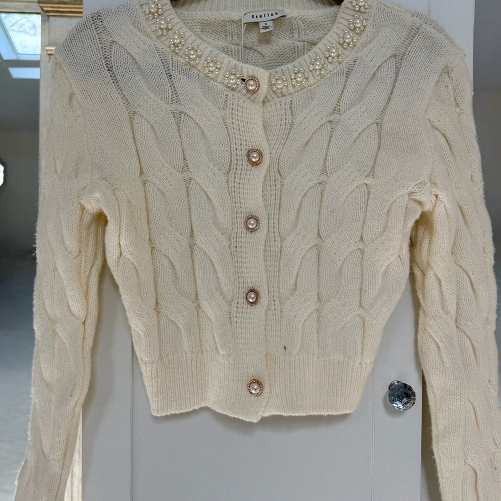 Stellah NYC Cream Cable Knit Cardigan with Pearl Embellishments and Buttons